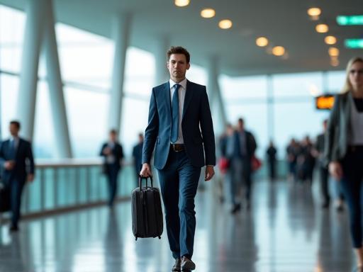 A professional business traveler walking through a modern airport terminal.