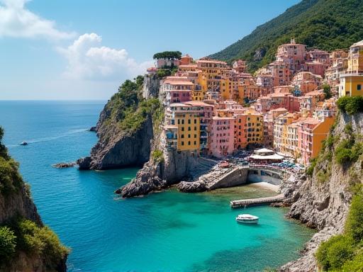 Colorful houses perched on the cliffs of the Amalfi Coast in Italy.