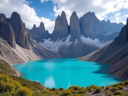 Dramatic mountain peaks and turquoise lake in Torres del Paine, Patagonia.