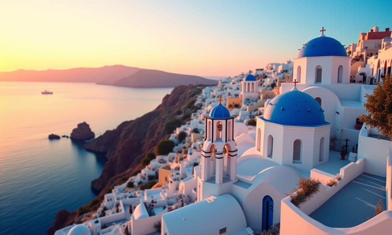 A beautiful view of the white buildings and blue sea in Santorini at sunset